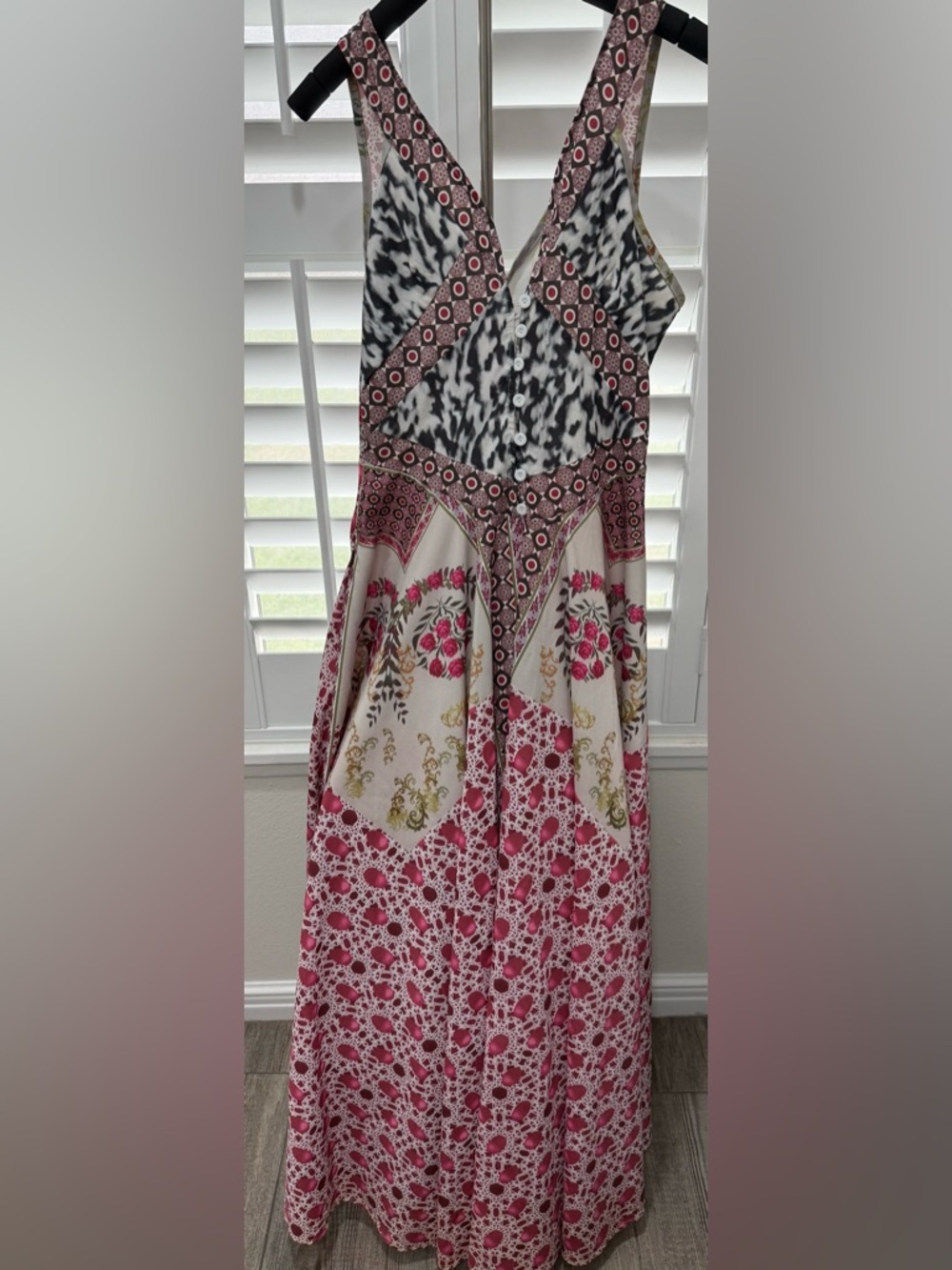 Mixed Print Button-Front Maxi Dress in Pink and Cream